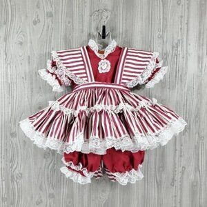 Vintage Lace Full Circle Pinafore Dress Bloomer Set Red Stripe Holiday Twirl